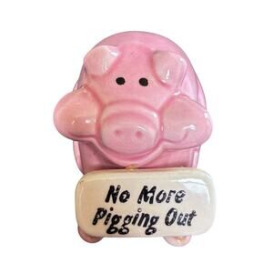 Vintage Pink Ceramic Pig No More Pigging Out Figurine Taiwan R.O.C. Kitsch